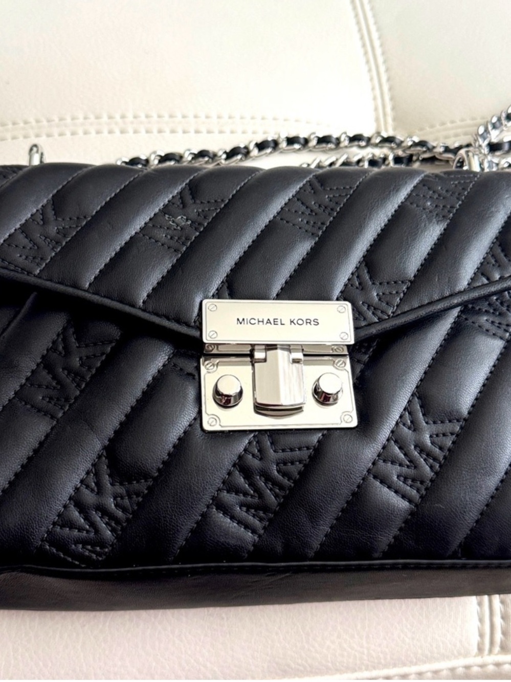 Michael Kors Black Quilted Leather Crossbody with Silver Chain